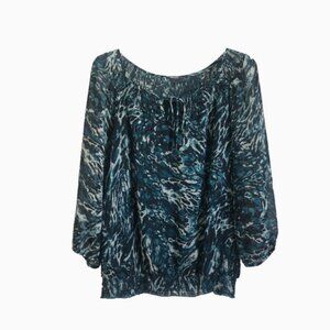 APT 9 Sheer Animal print Blouse Elastic waist 3/4 Sleeve Black Teal Small